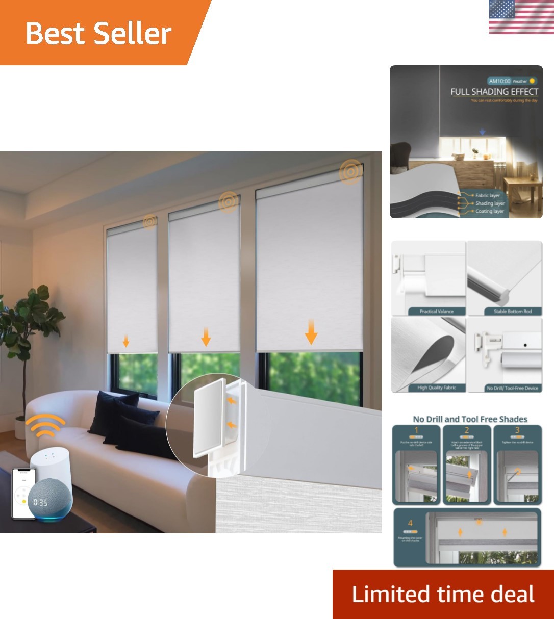 Motorized Blinds No Drill Automatic Blinds for Windows Cordless Roller Shades…