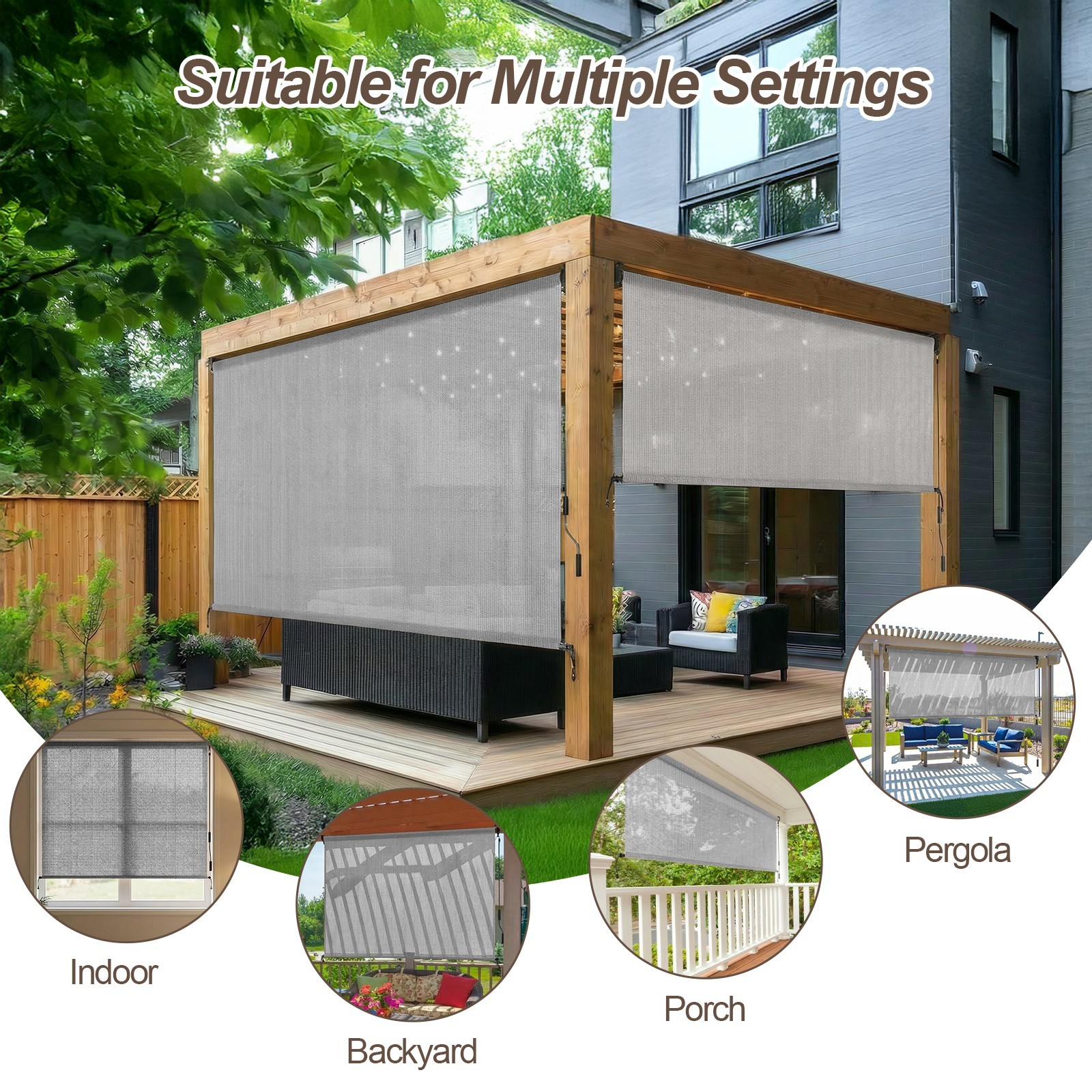 Patio Roller Shade HDPE Fabric Outdoor Cordless Roll Up Shade for Porch Gray