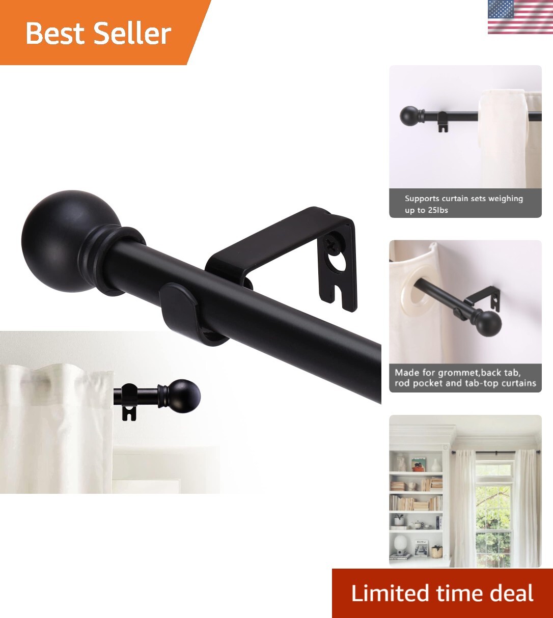 Adjustable Heavy Duty Curtain Rod Set in Black – Perfect for Any Room, 32-93 in