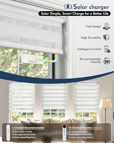 Motorized Zebra Blinds No Drill, Remote Control Cordless Dual Layer Shades, 33.5