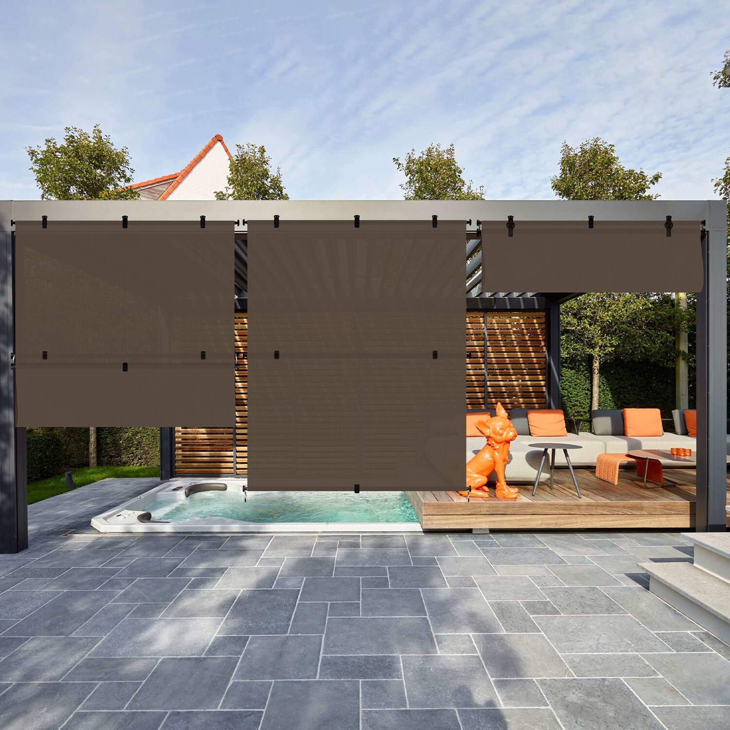 Outdoor Brown Roll up Shade Foldable Curtain For Patio Porch Pergola Balcony
