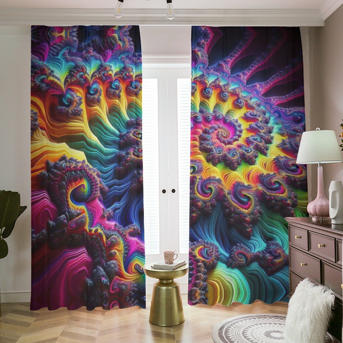 Psychedelic Spiral Blackout Curtains Drapes Shades Rod Pocket Fractal Purple 3D