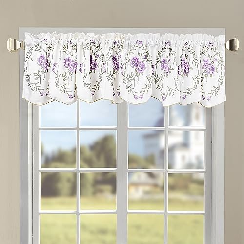 1 Piece Rose Embroidery Valance, Lilac, 60″ x 19″, Scalloped Flower Floral