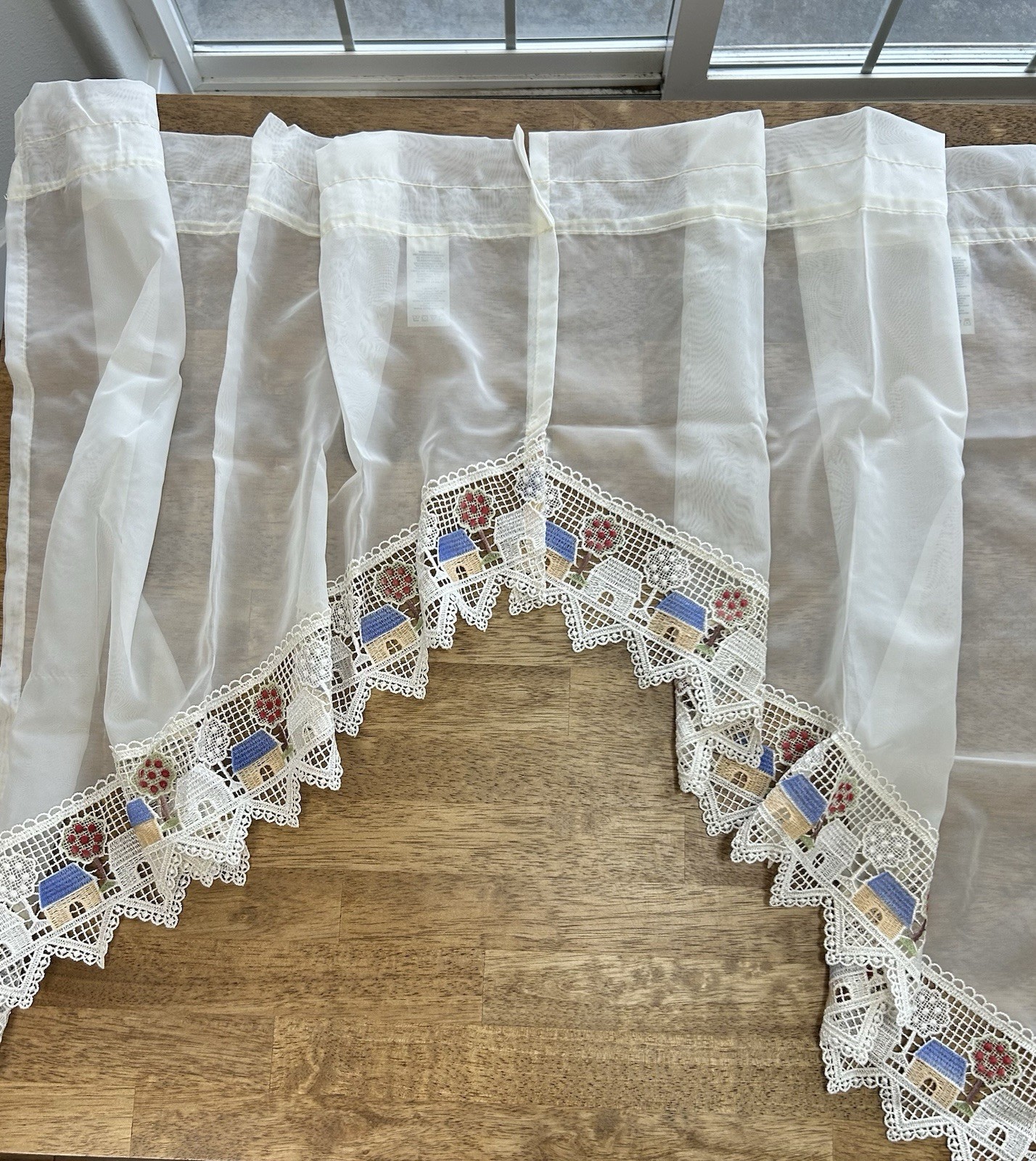 Vintage 90’s Embroidered Curtain Window Valance Panels House Trees Sheer 6 Piece