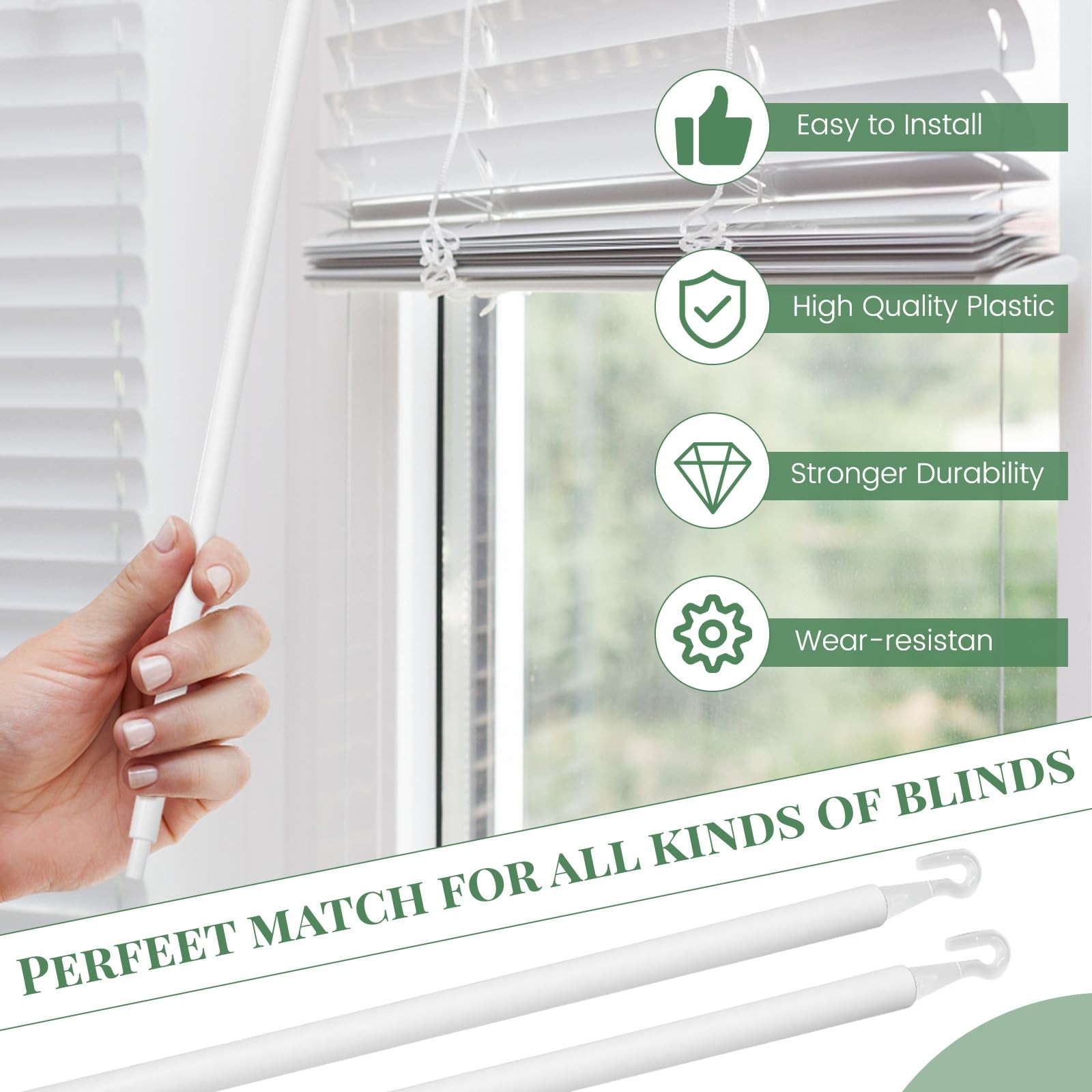 2 Sets 24Inch Blind Wand Replacement with Hook, Opener One Size, White