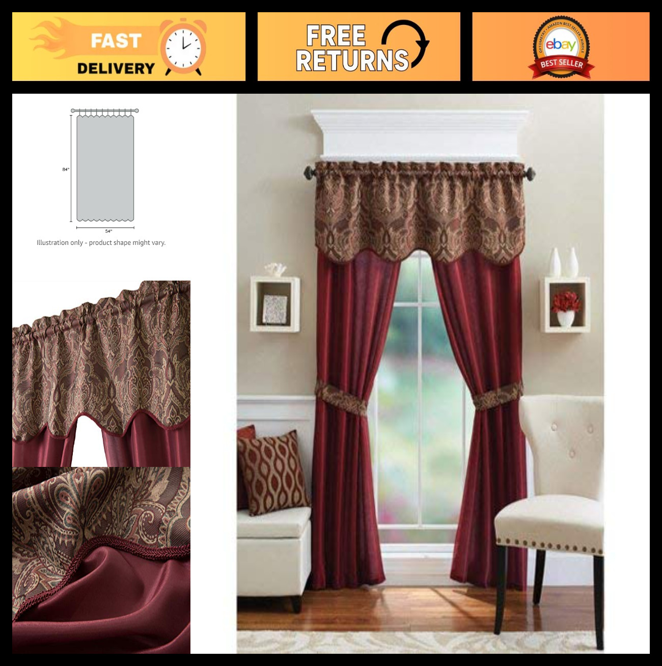 5 Piece Unique Window Curtain Set, Assorted Colors, Room Darkening Drapes