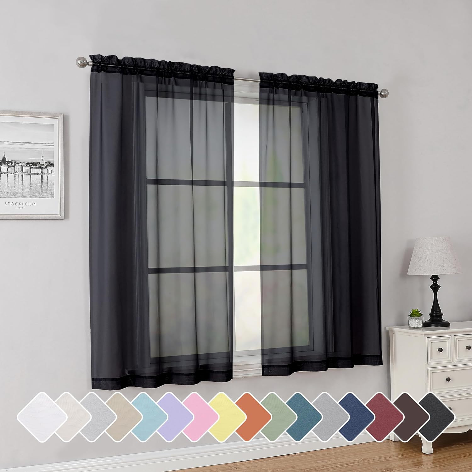 Rod Pocket Top Solid Voile Sheer Curtains for Bedroom, 54 Inch Length Drapes Set