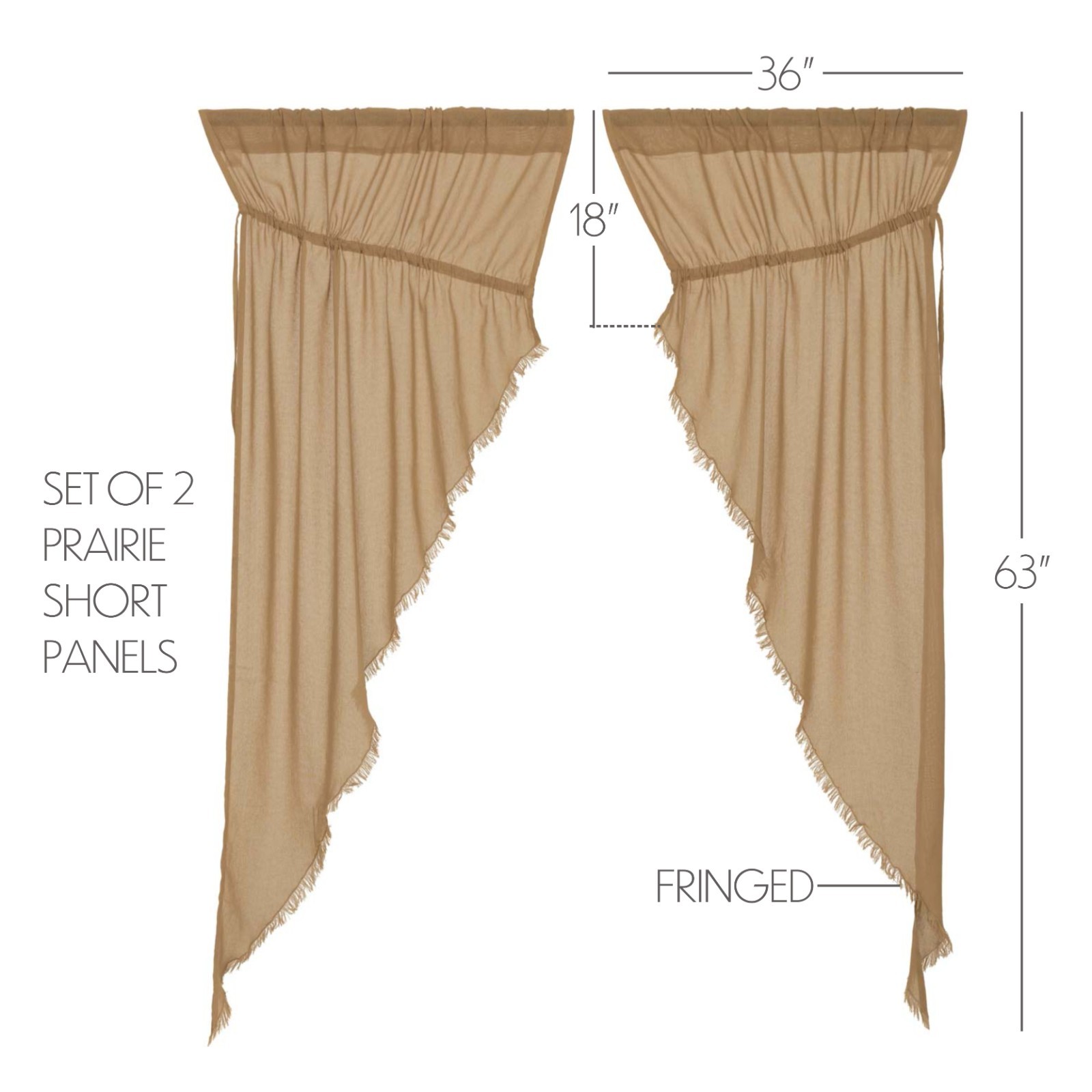 Tobacco Cloth Khaki PRAIRIE Short CURTAIN SET FRINGED Country Rustic Sheer 36×63