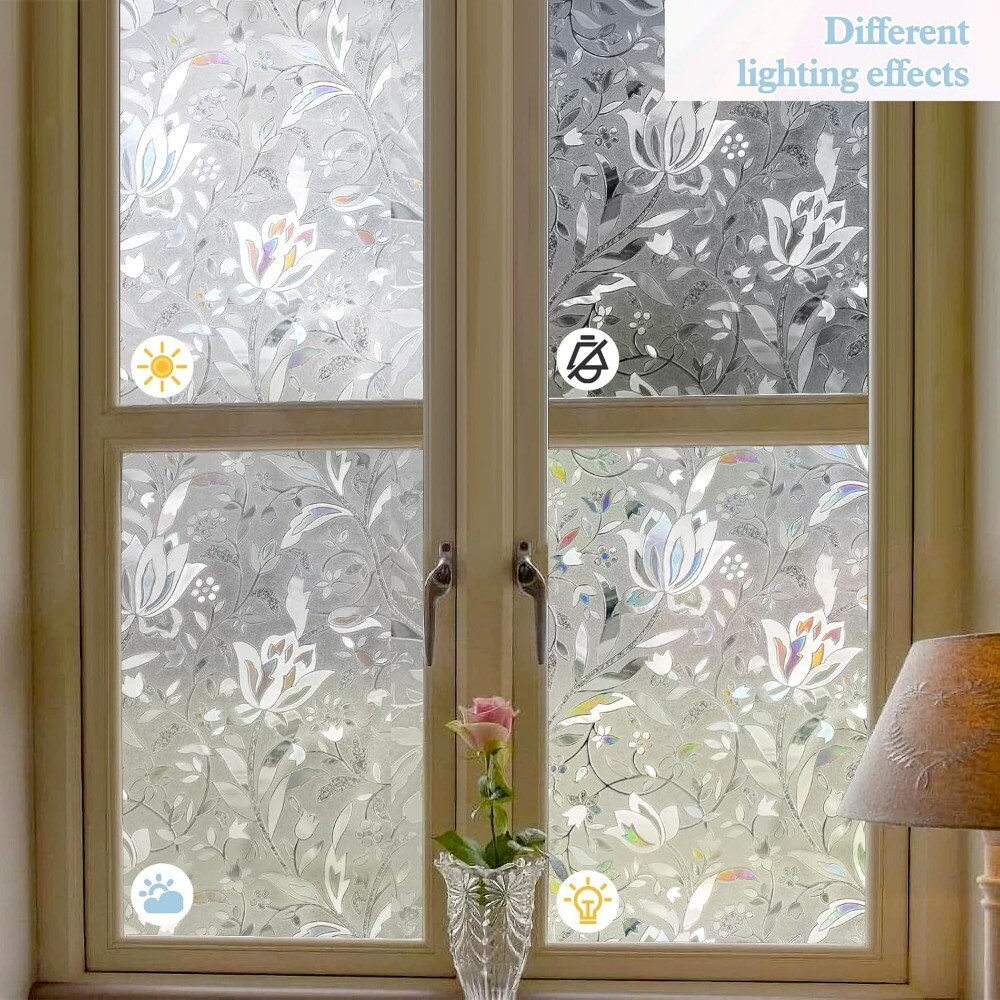 rabbitgoo Floral Window Film 3D Rainbow Decorative Stained Static Cling for Home