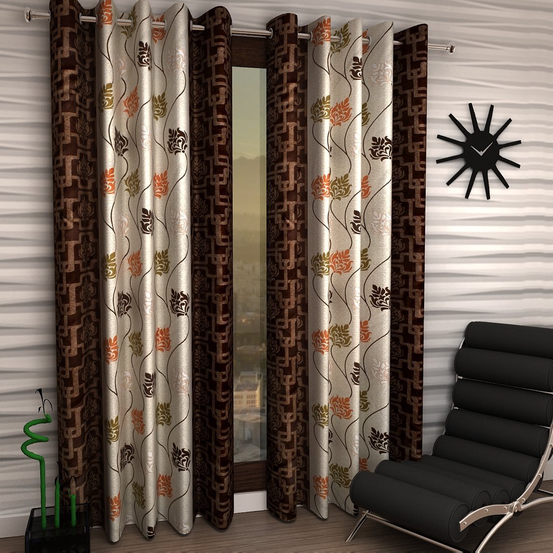 2 Piece Premium Floral Eyelet Polyester Door Curtains 7Ft – Brown (Ca)