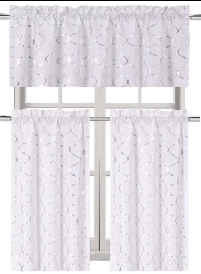 Metallic Silver Foil White Lattice Caroline 3 P.C Curtain Tier & Valance Set