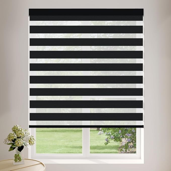 Cordless Zebra Blinds 33″ W x 72″ H Black Free-Stop Roller Shades