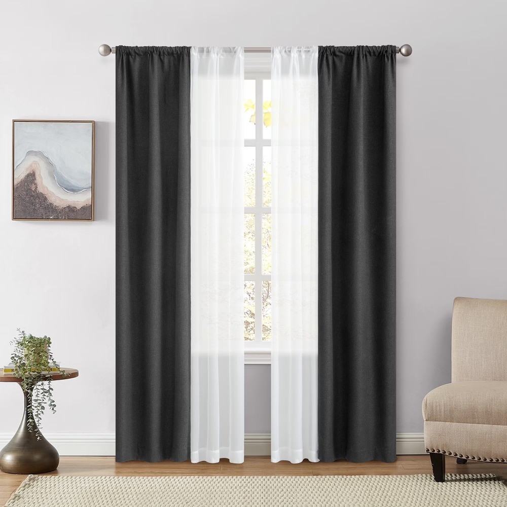 Solid Twill Blackout Curtain Panel and Sheers, Set of 4, Rich Black