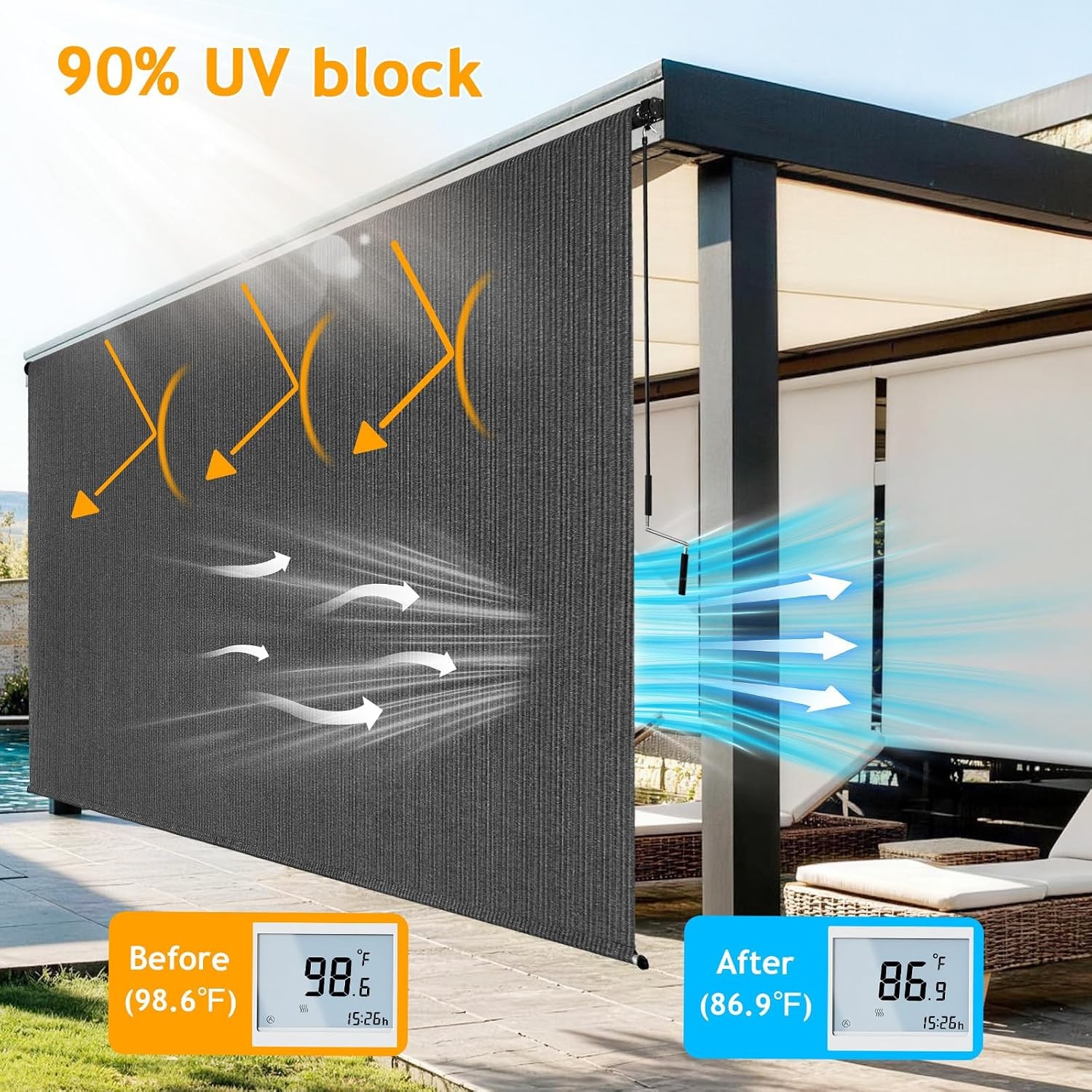 10’W x 8’H Gray Outdoor Roller Shade with Crank Wand Patio Shades Roll up,