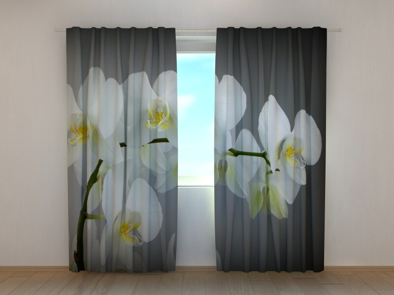 3D Curtain Printed Song Orchids white Flower on Grey by Wellmira Made to Measure
