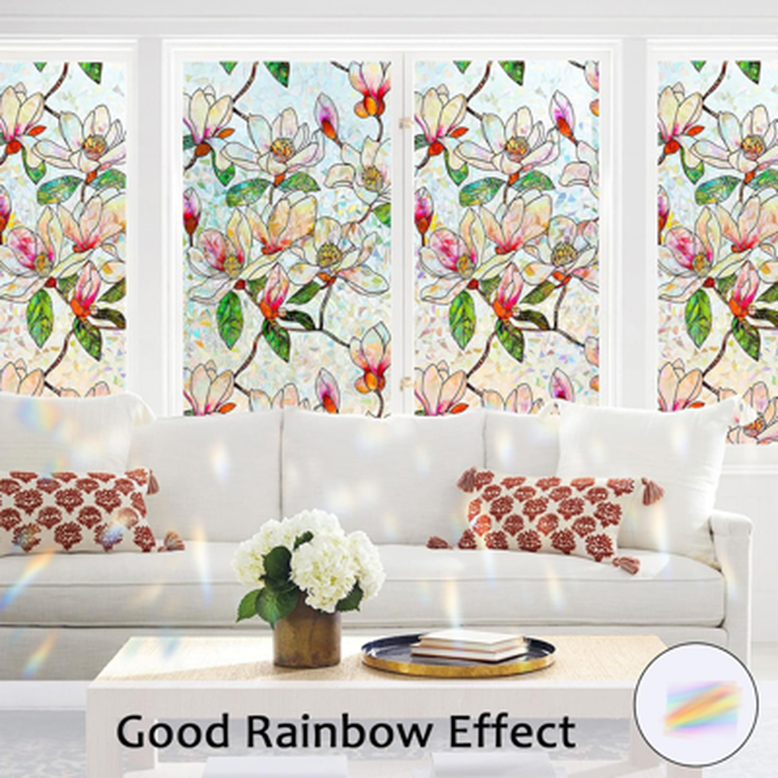 Window Privacy Film Stained Glass Rainbow Static Cling Heat Control Non-Adhesive