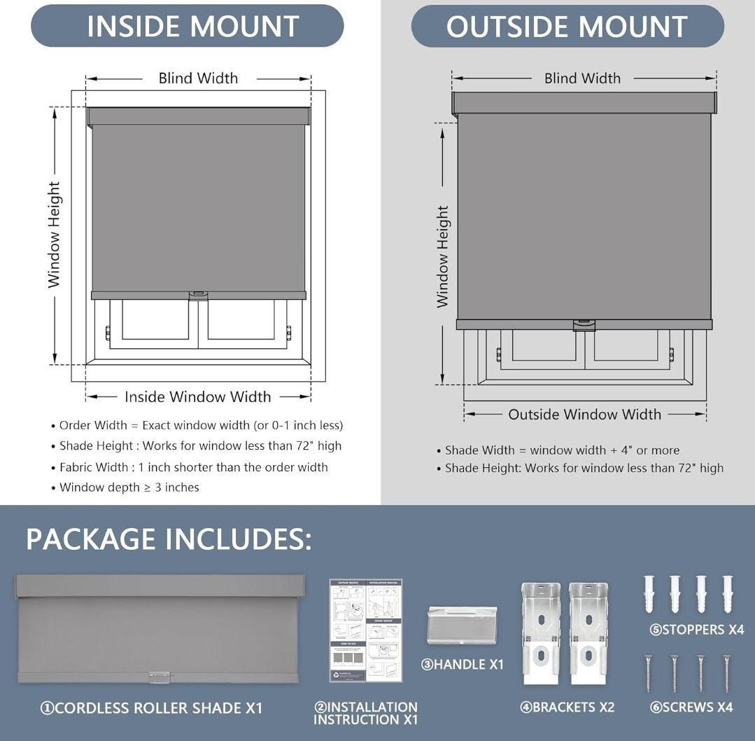 Cordless Blackout Roller Shade Gray Window Blind Thermal Insulated UV Blocking