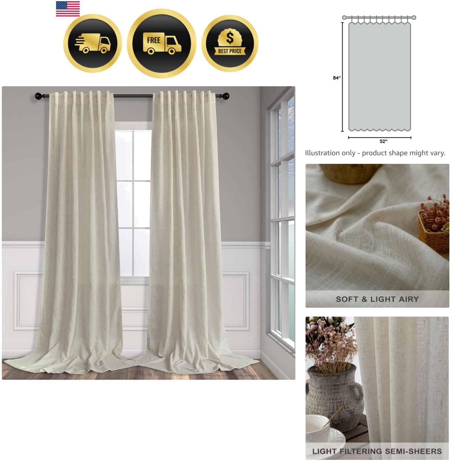 Flax Linen Curtains 84 Inch Length for Bedroom 2 Panels Back Tab Pocket Light…