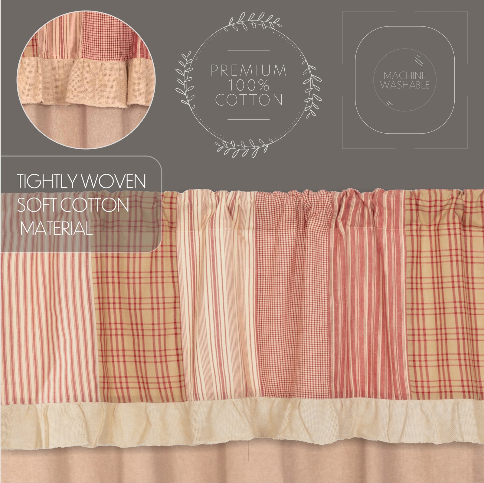 Farmhouse 63″x36″ Panel Pair Red Rod Pocket Patchwork Window Curtains VHC Brands