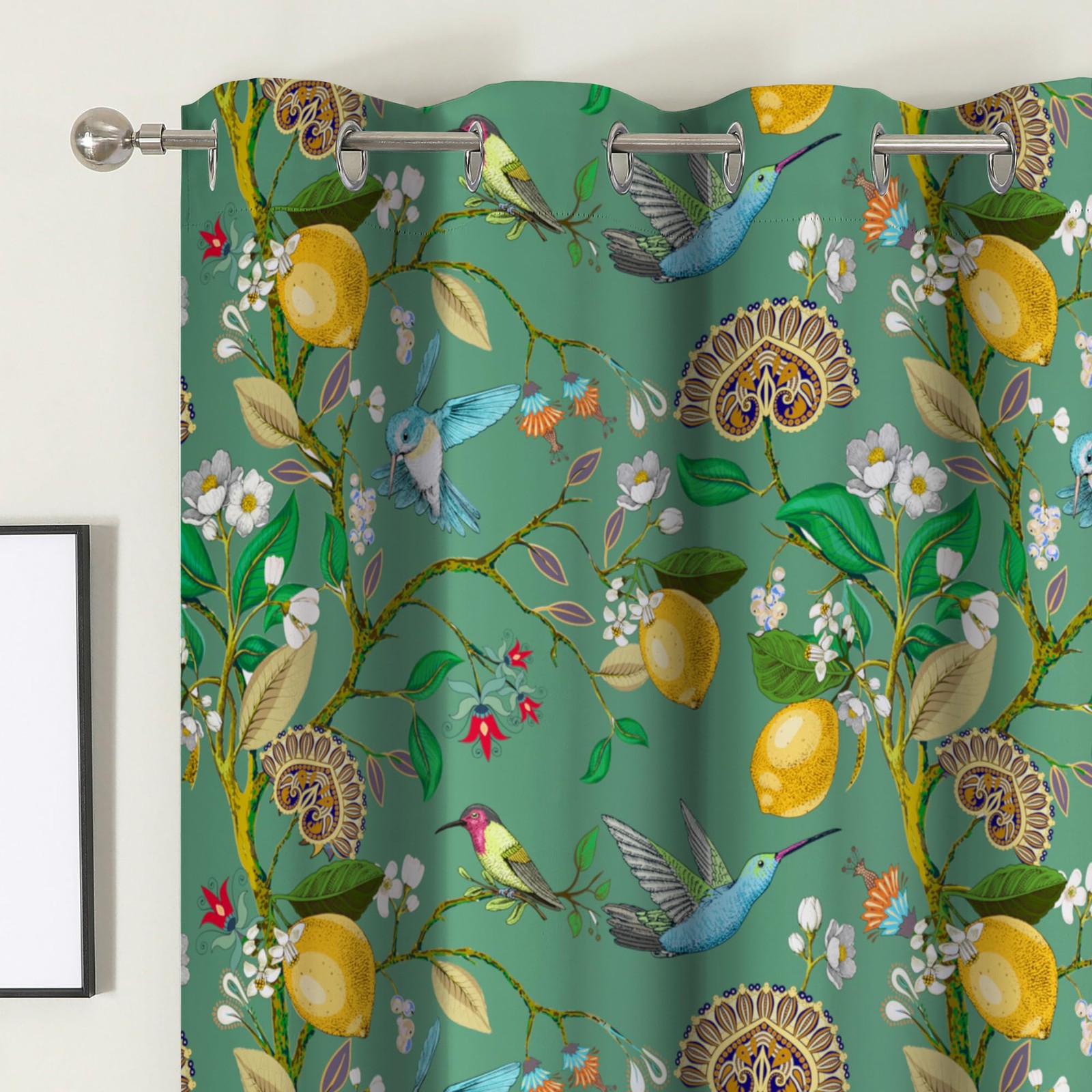 Floral Blackout Curtains 84 Inch Length 2 Panels, Sage Green Hummingbird Bran…