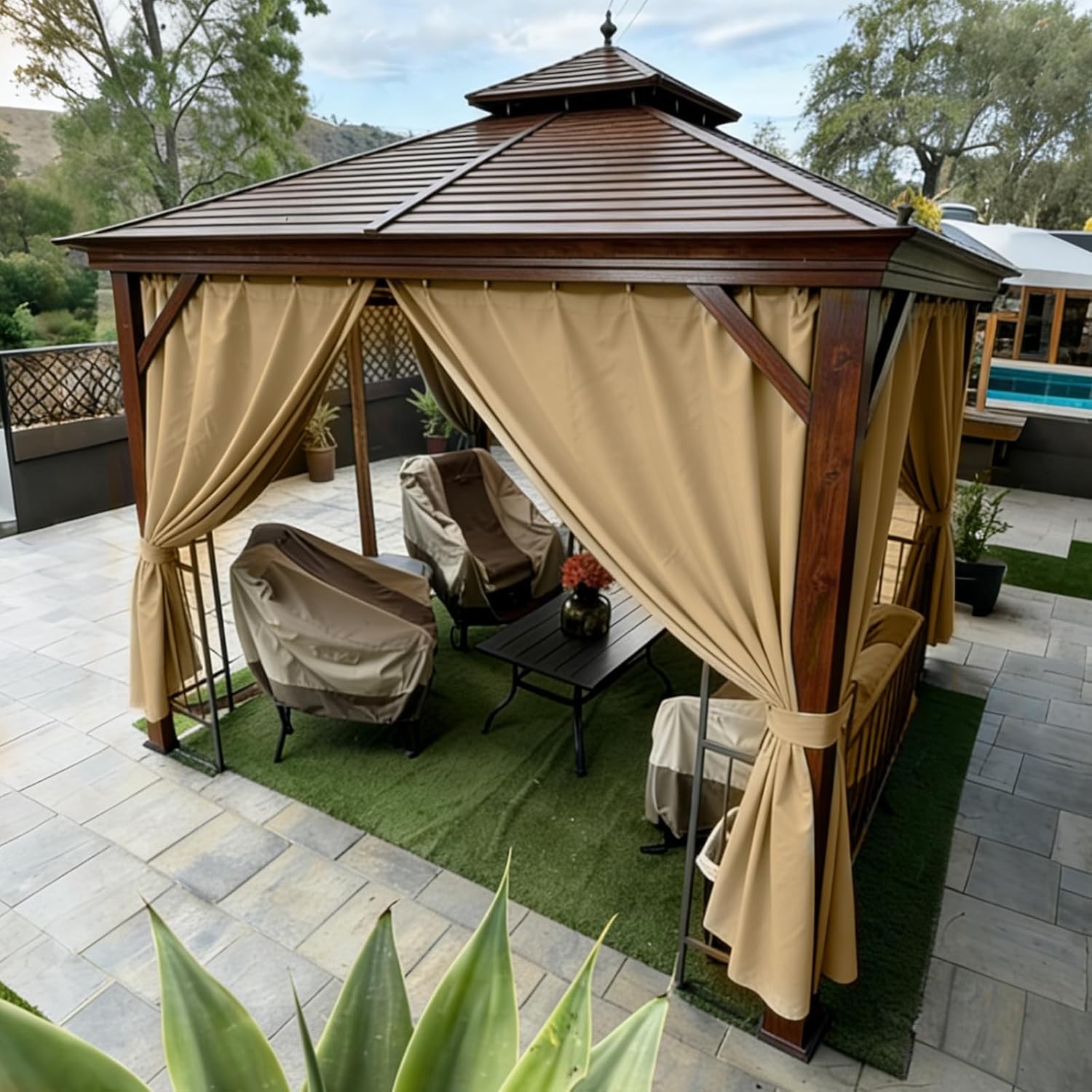 Khaki Waterproof Gazebo Privacy Curtains – 4 Zippered Sidewalls 10′ x 12
