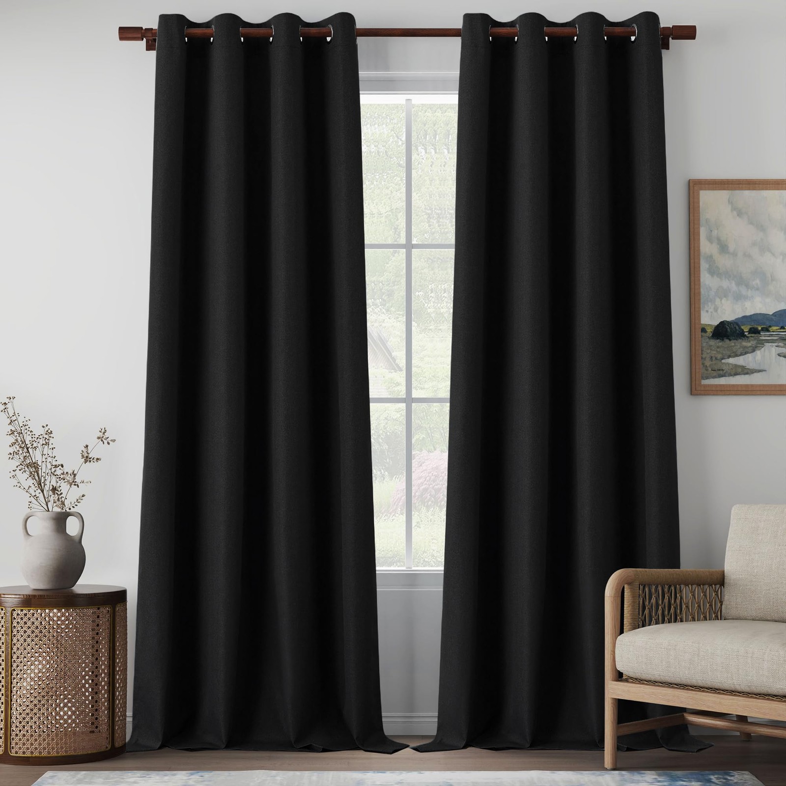 LCOOMZEN Full Blackout Linen Curtains 120 Inches Long Ceiling to Floor Grommet