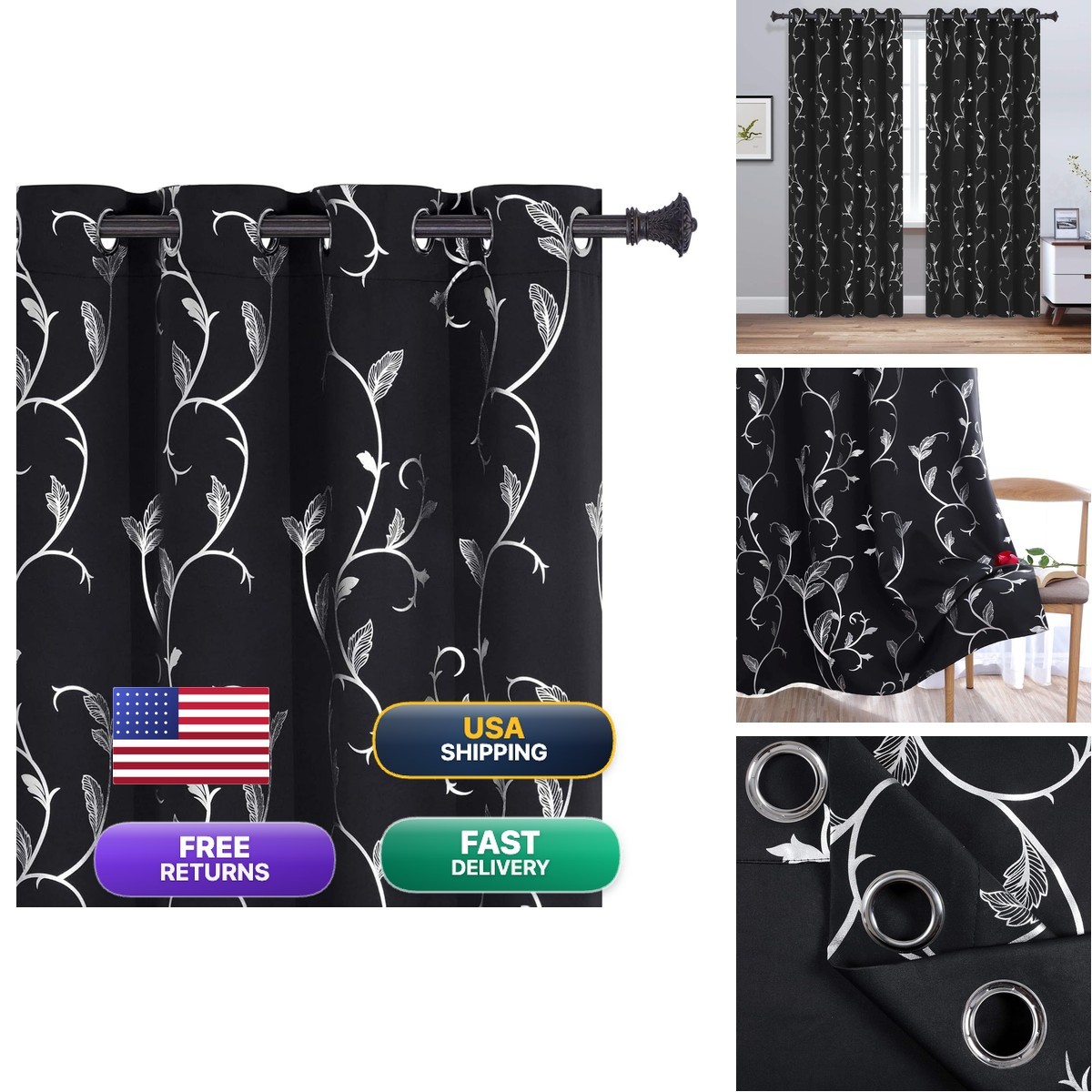 BUHUA Blackout Curtain 2 Panel Set 66 x 72 Inch Silver Vine Foil Print Black