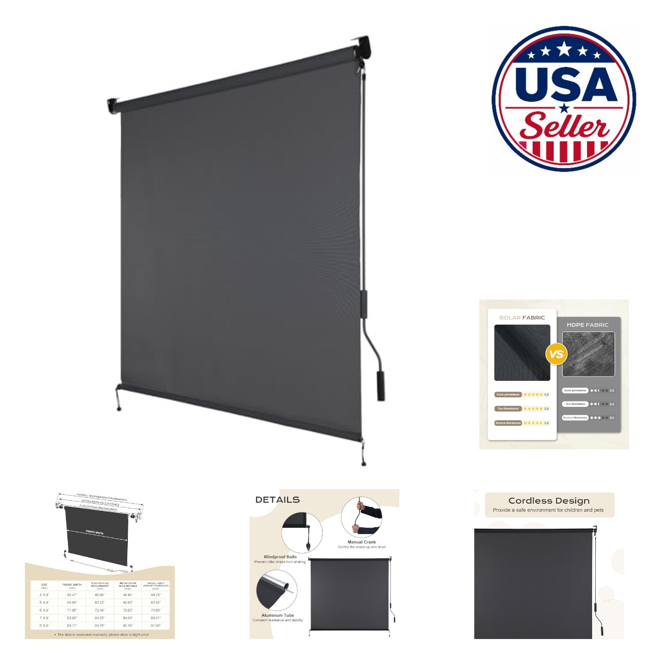 Cordless Solar Roller Shade 8×8 FT Dark Grey 5 Percent Openness UV Protection