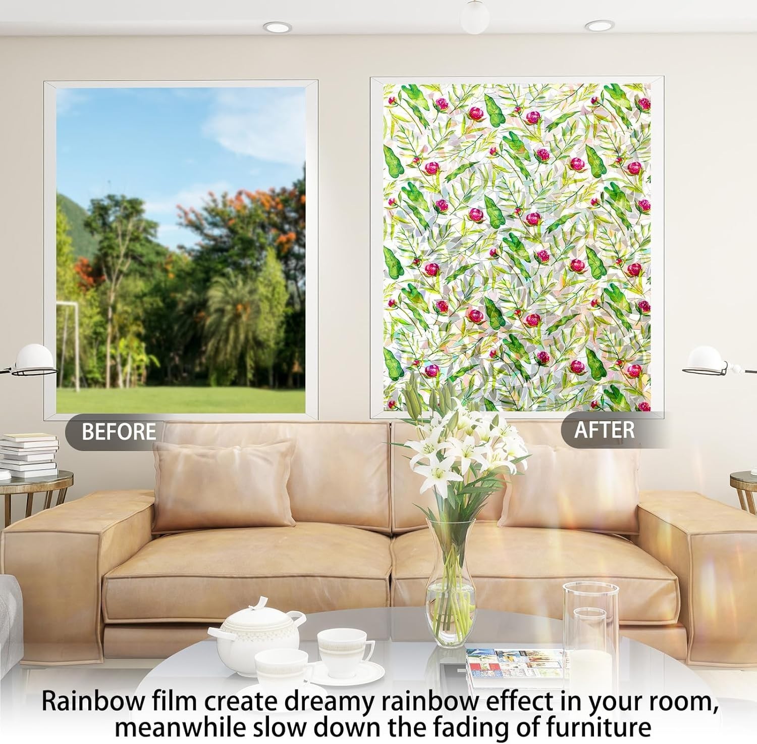 Transform Your Space with Rainbow Floral Window Film – Easy Install, Non-Glue