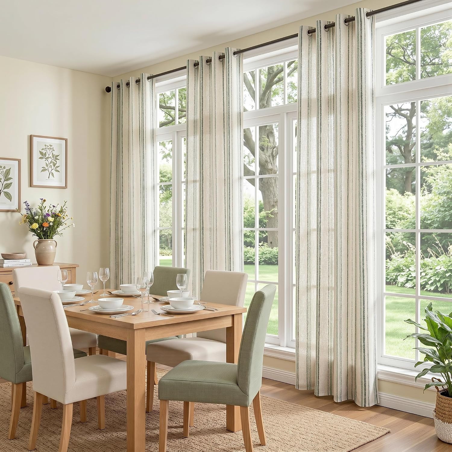 MYSKY HOME Green Striped Patterned Curtains 63 Inches Long Ticking Stripe Pinstr