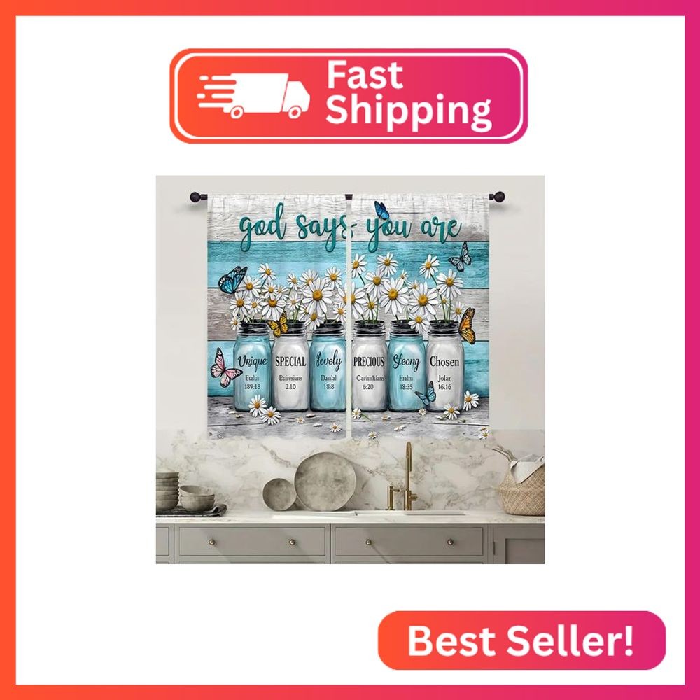 Famiffty God Says You are Inspirational Bible Daisy Kitchen Curtain 27.5W X 39L