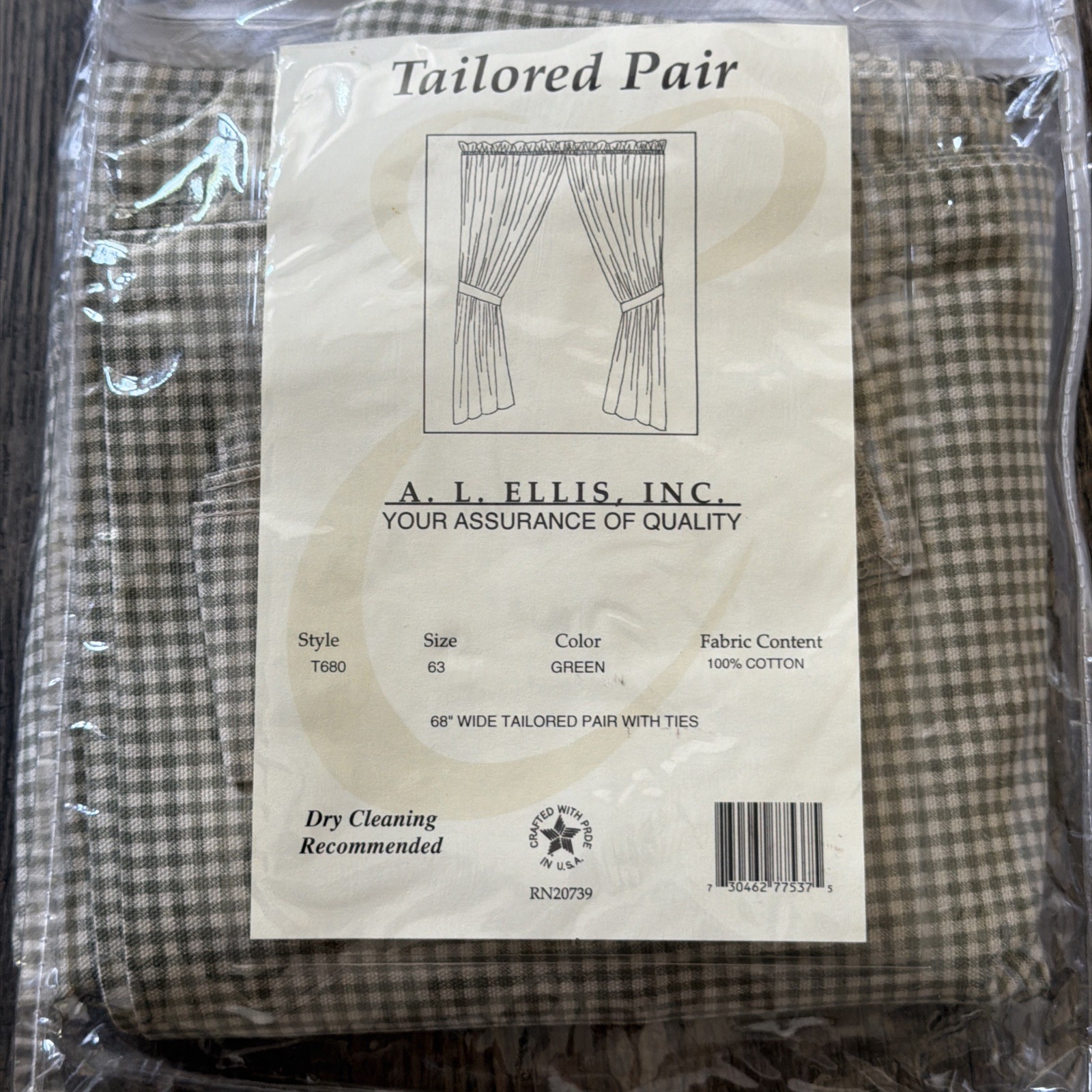 NEW A.L. Ellis Green, Gingham Curtains, 100% Cotton, Made USA, 68” 2 panels & t