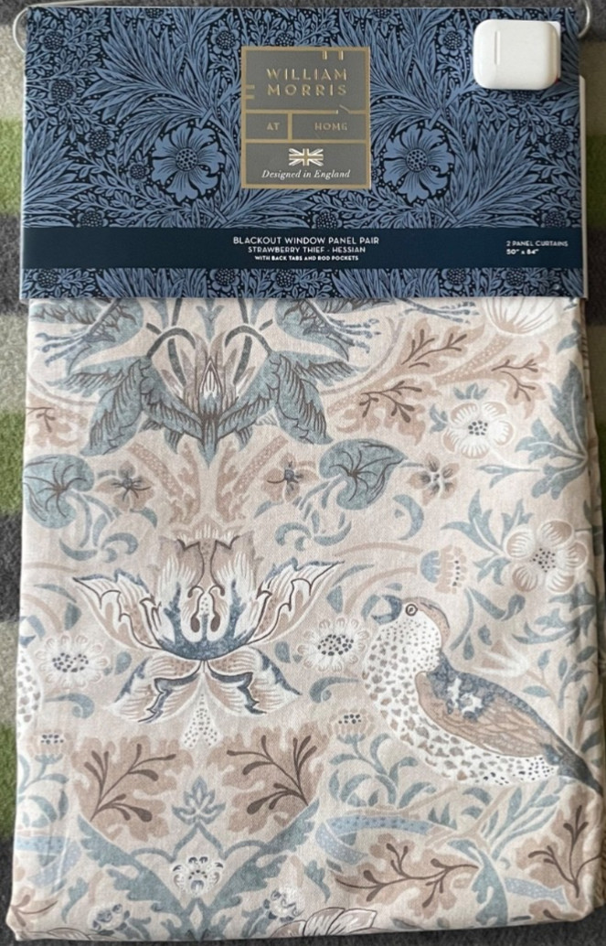 NEW William Morris 2pc BLACKOUT Strawberry Thief Hessian Window Curtain 50″x84″