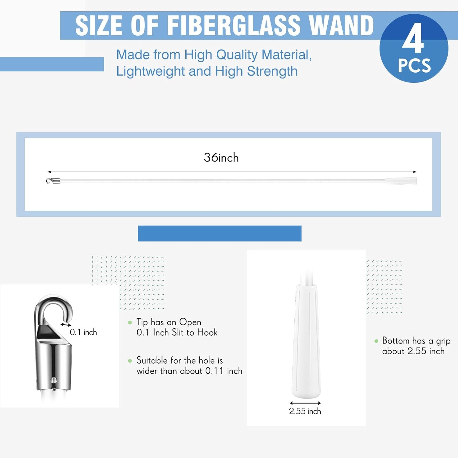 Bokon 4 Pcs Blinds Wand Replacement with Hook and Handle White Fiberglass Long