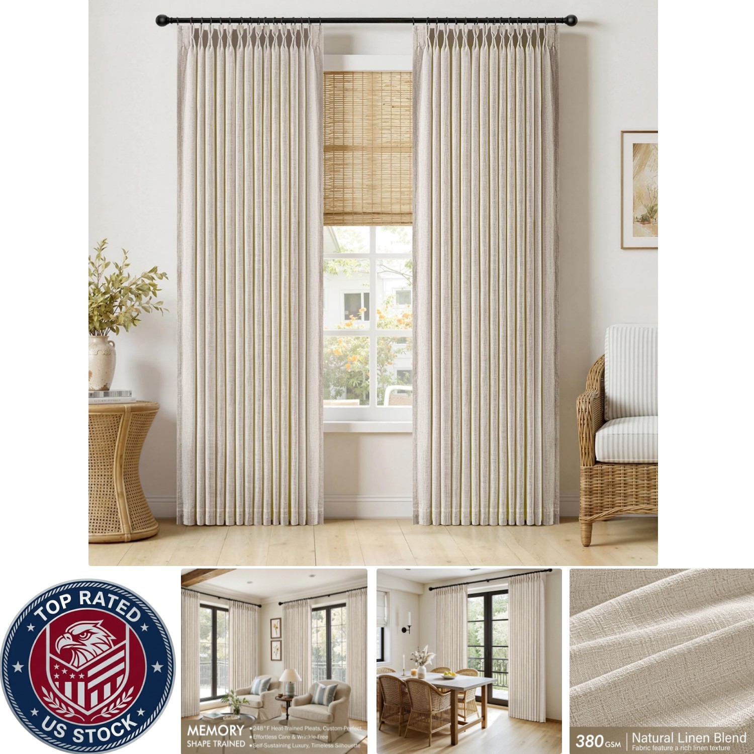380 GSM Pinch Pleated Curtains 96” Long – Light Filtering & Privacy – 2 Panels