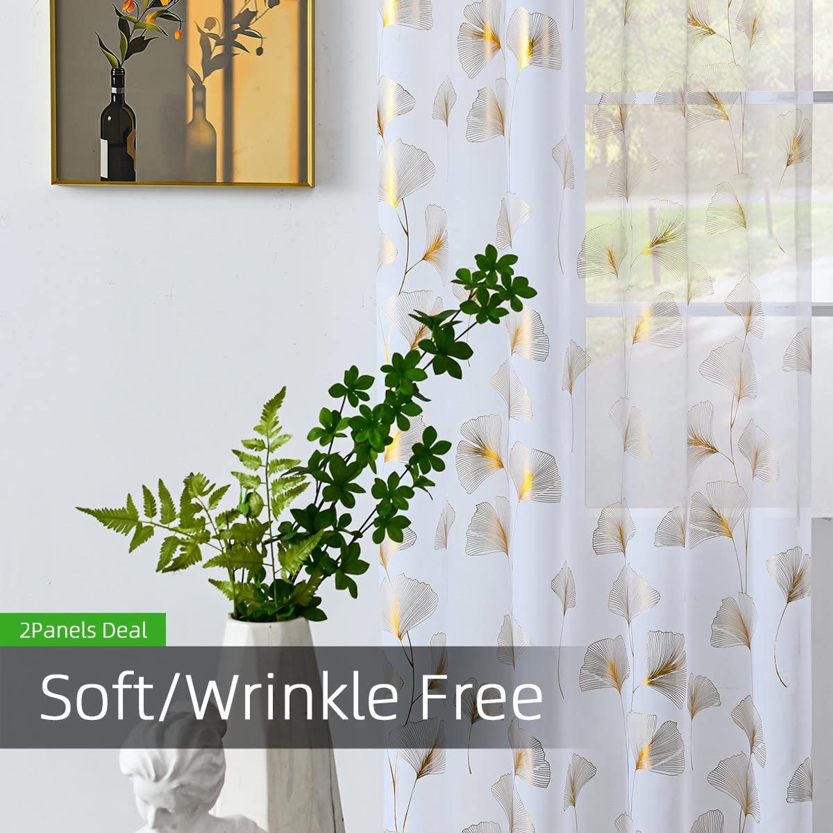 Gold Foil Print Voile Sheer Curtains, Leaves Grommet Top Window Drapes 84 Inc…