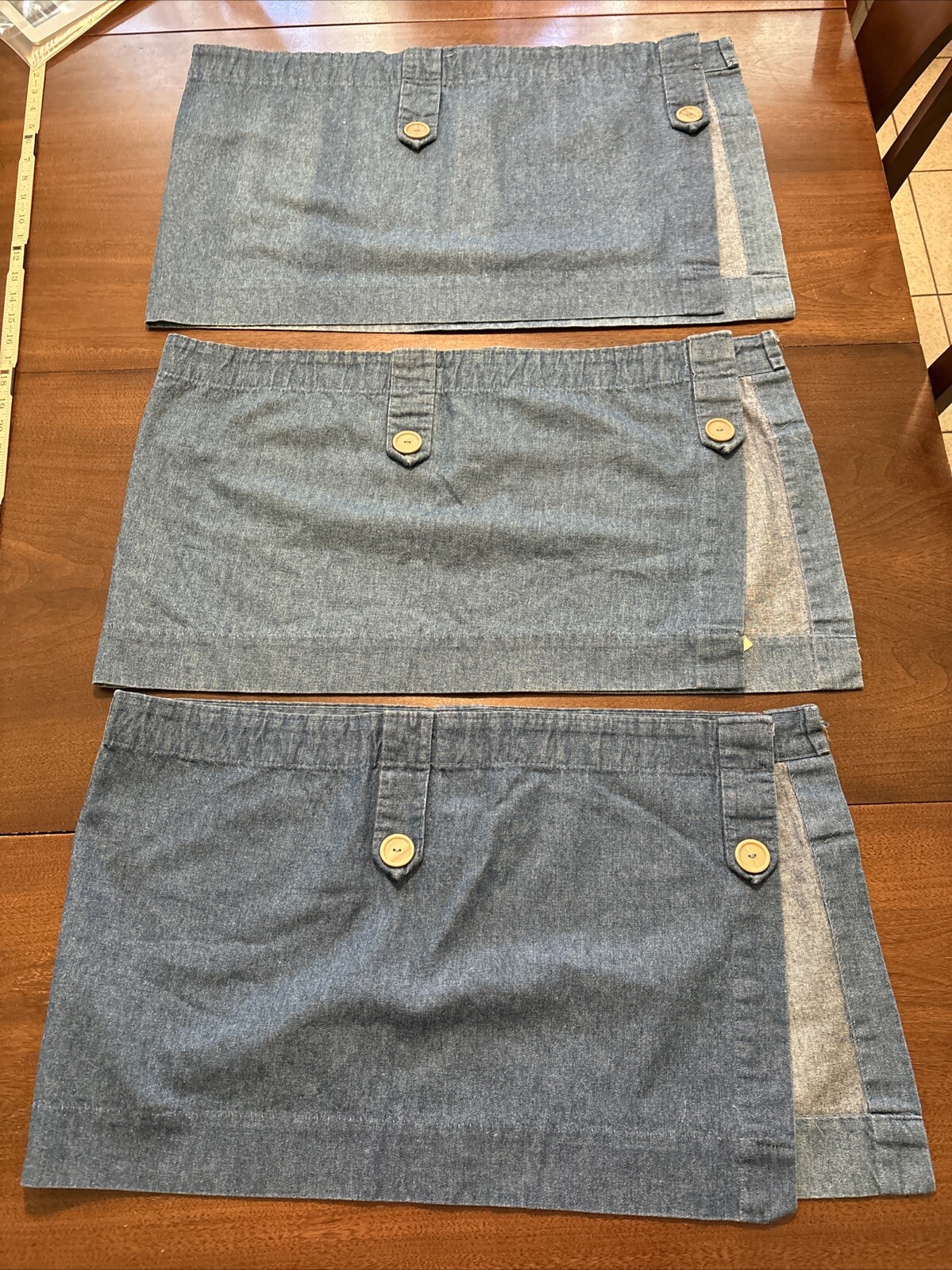 3 Curtain Valances BLUE DENIM JCP 24″W x 14″L Button Tabs VGUC