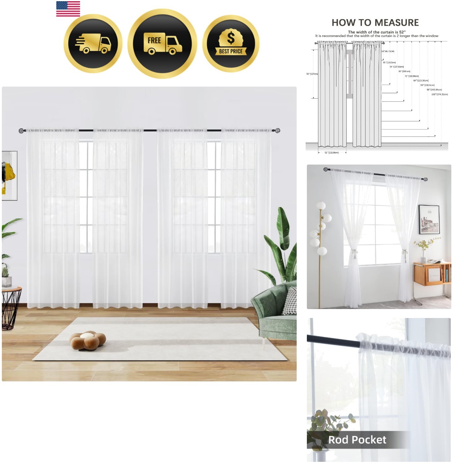 Solid Sheer Rod Pocket Curtain Voile Draperies 4 Panels White Beige Black Gre…