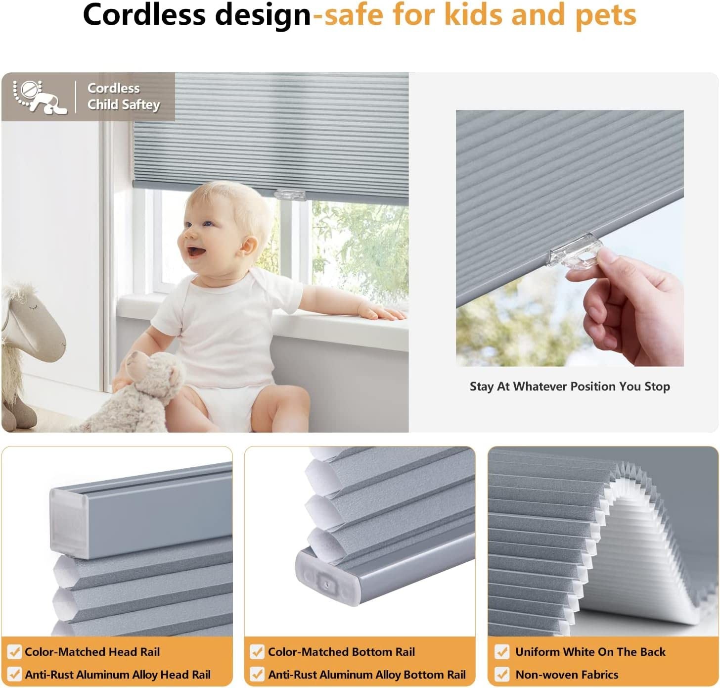 LazBlinds Cordless Cellular Shades, Light Filtering Honeycomb Shades for Home,