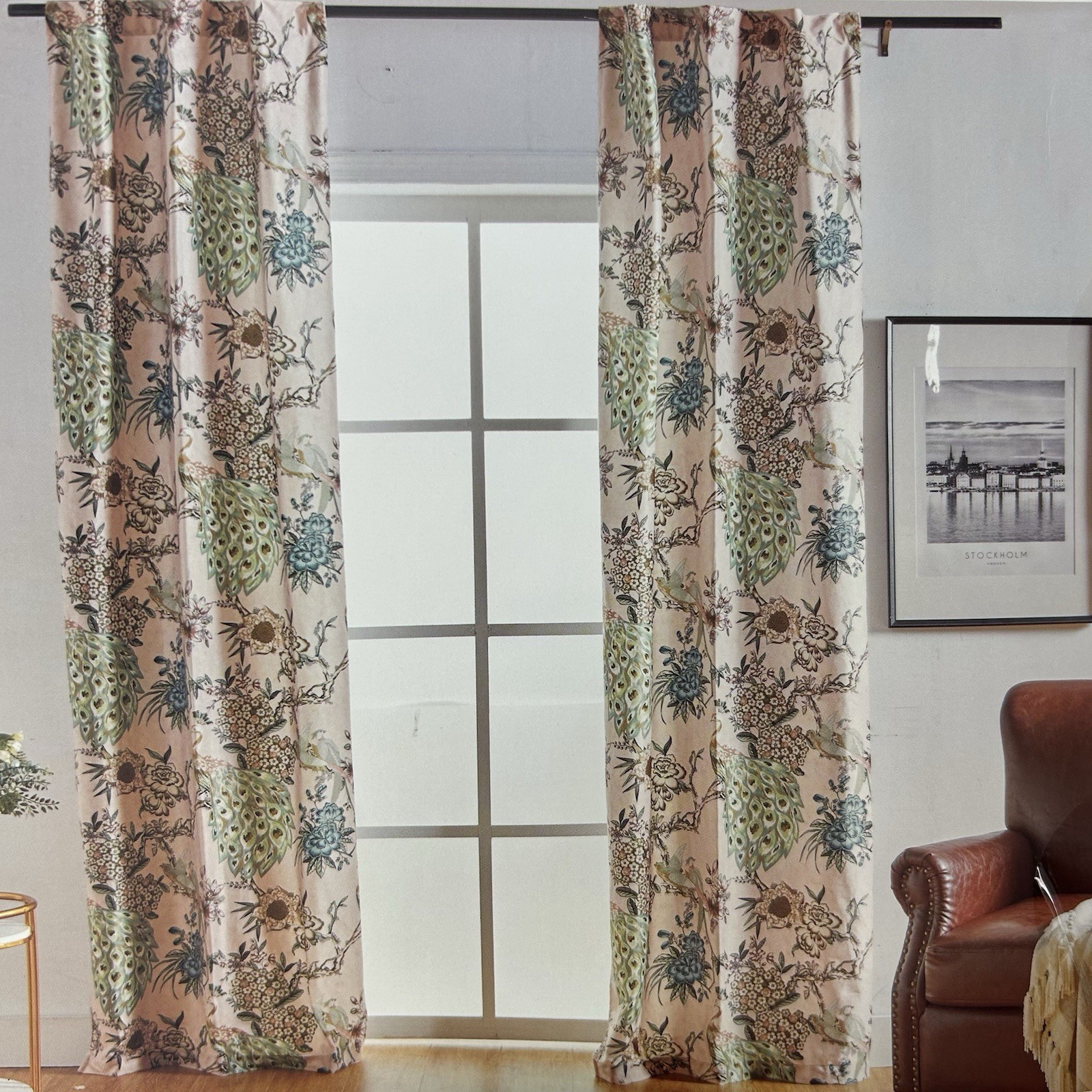 Callisto Home PEACOCK FLORAL Window Curtains 2 Panel Set Each 38×96″ LIGHT BLUSH