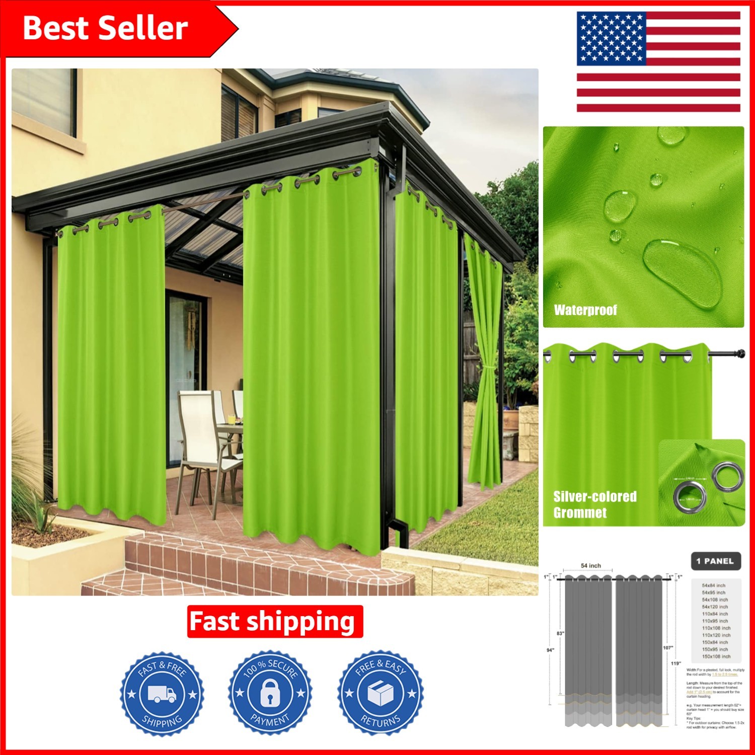 Durable 100% Polyester Outdoor Patio Curtains – Green, Waterproof & UV Protected