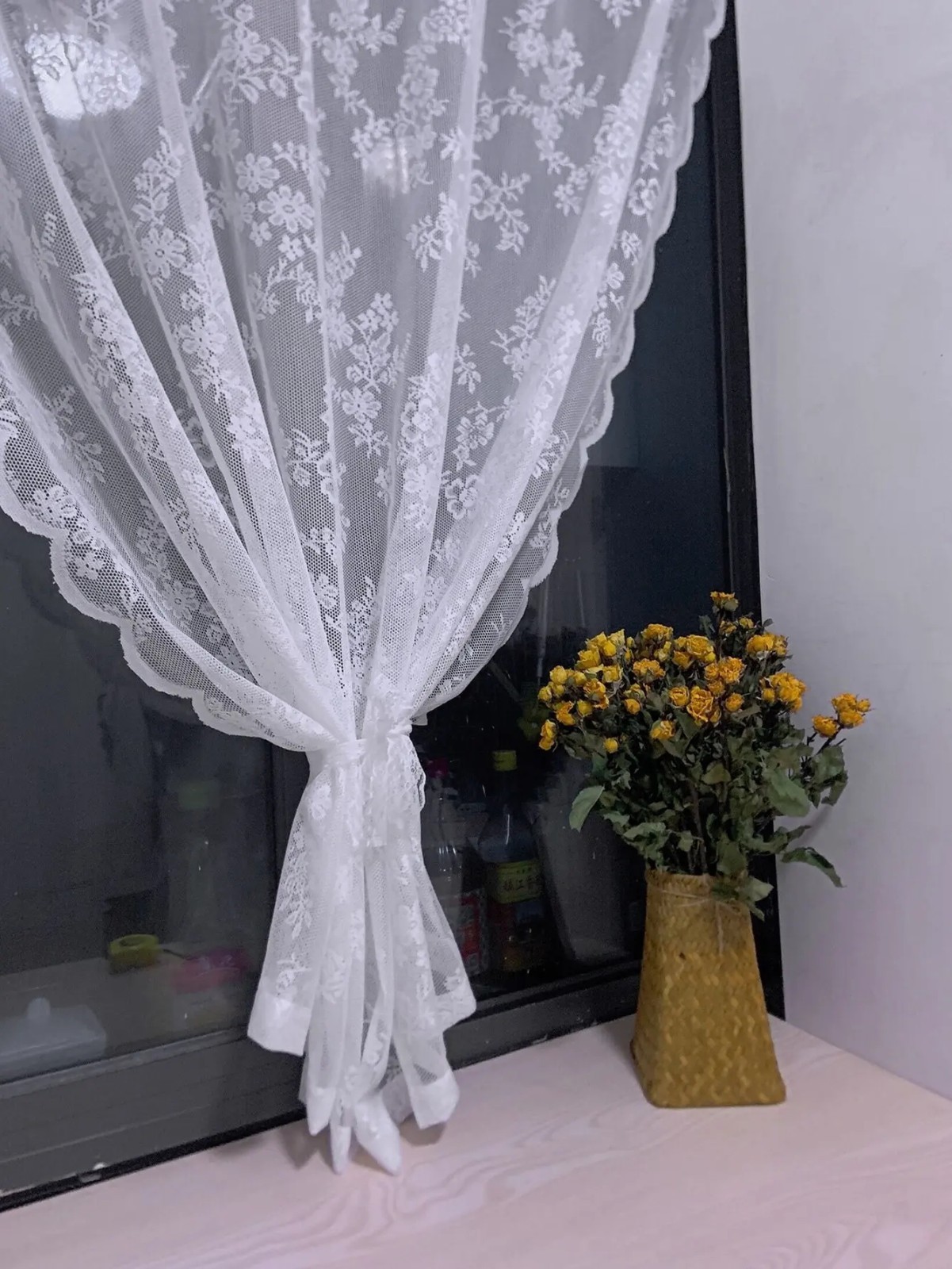 1PC Floral Lace Sheer Curtain Panel Rod Pocket Voile Window Drapes White