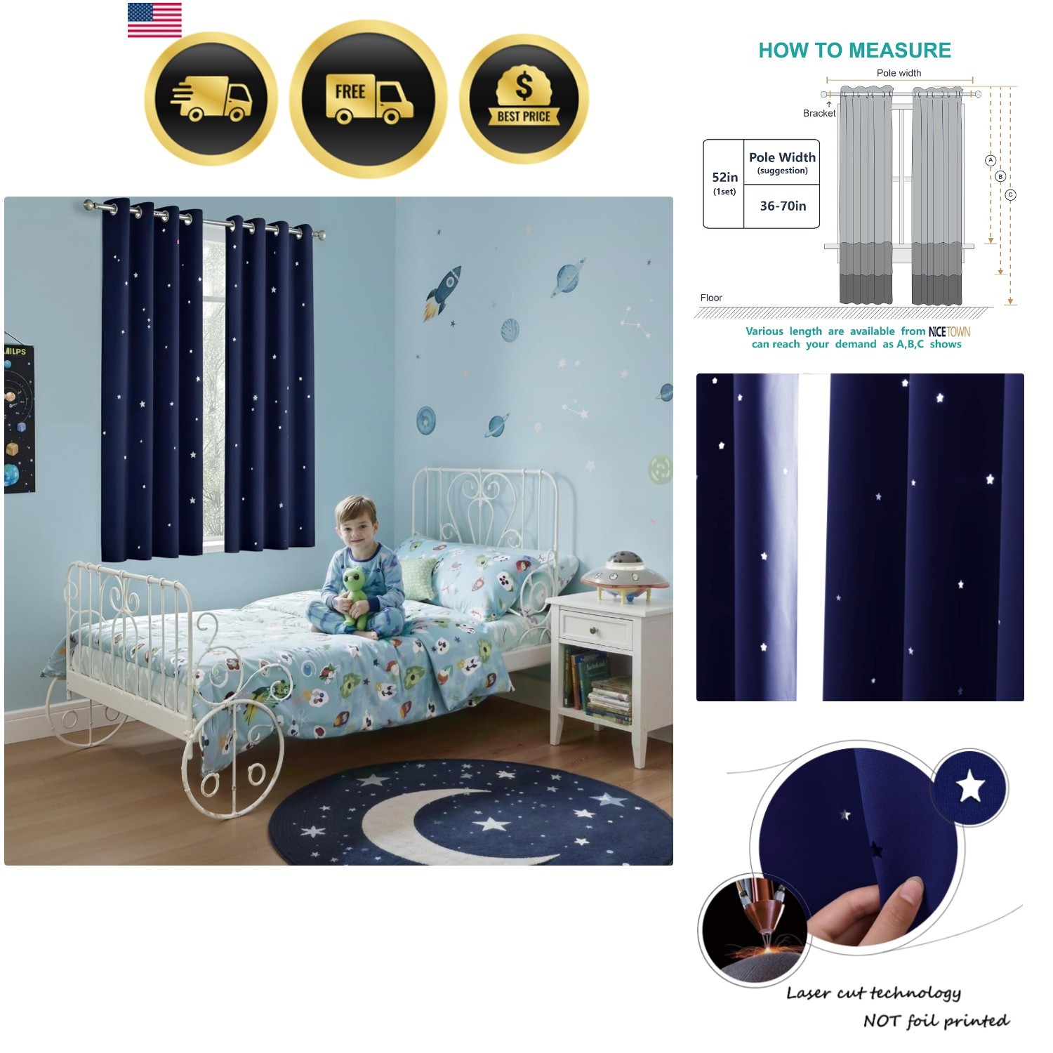 Kids Curtains, Navy Blue Romantic Star Curtains Thermal Insulated Blackout Cu…
