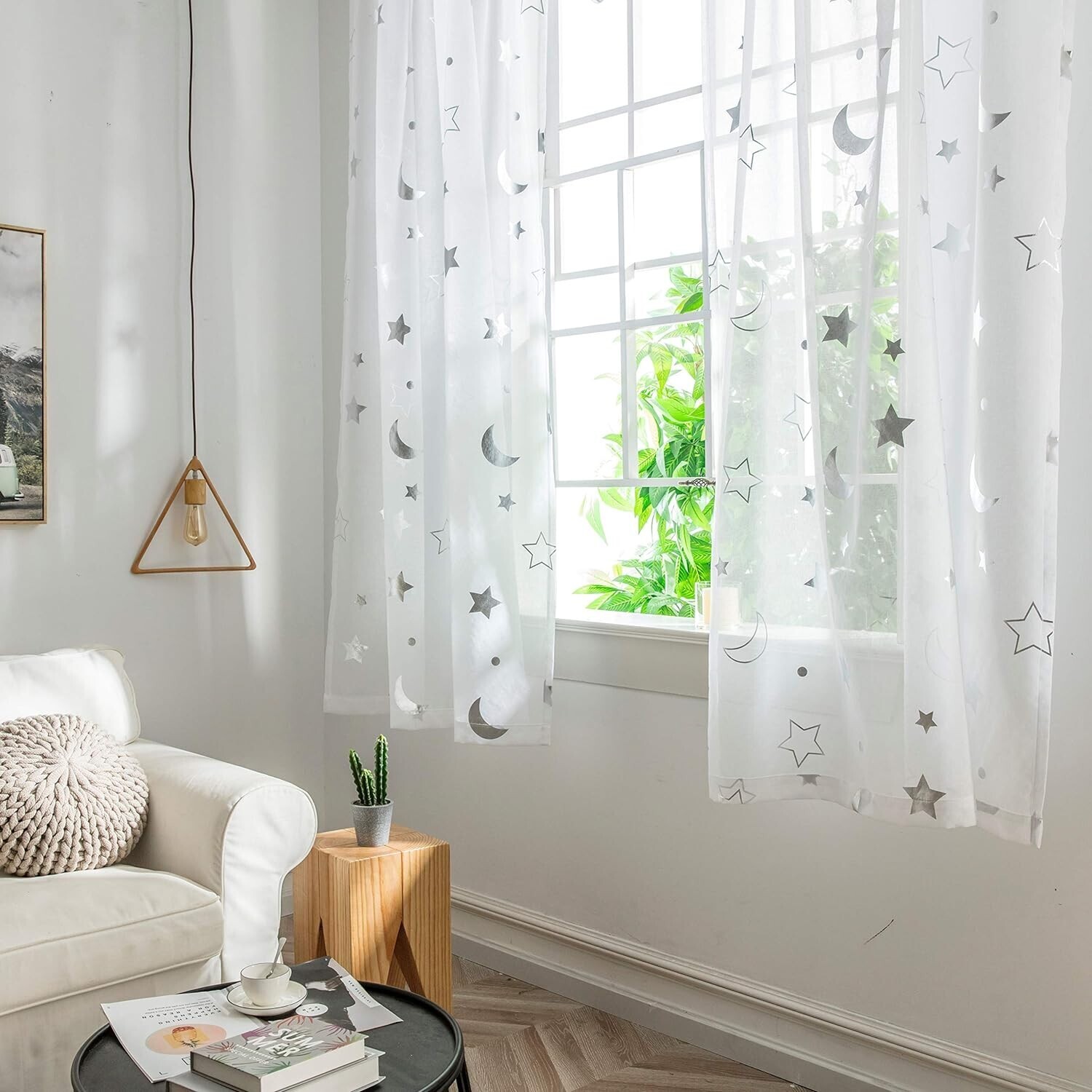2 Panels Star Moon Sheer Curtains Tulle Voile Gauze Window Drapes Rod Pocket