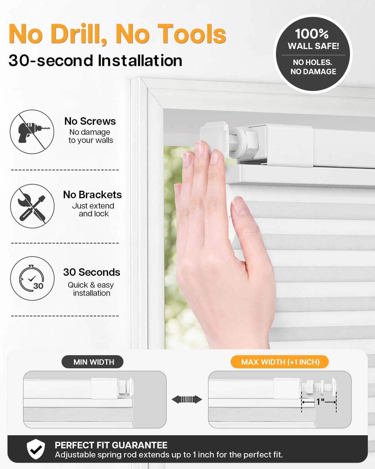 LazBlinds 34×64 TDBU Cordless Cellular Shade No Drill Light Filtering White