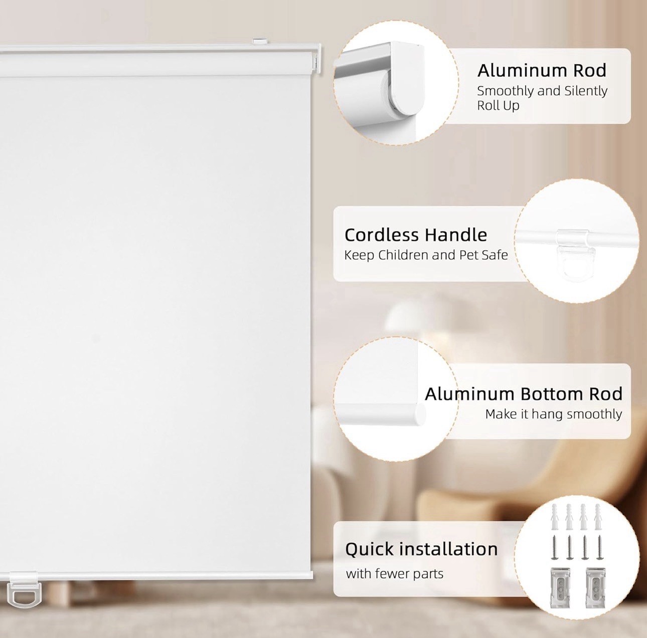 ChrisDowa 100% Blackout Roller Shade, Window Blind with ThermalWhite,22″ W x 72h