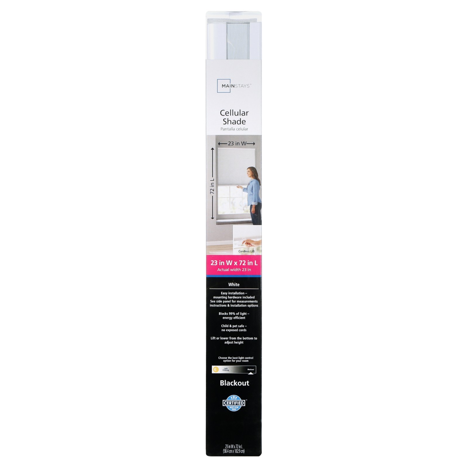 Cordless Polyester Blackout Cellular Shade, 1-Piece, White, 34″ W x 72″ L
