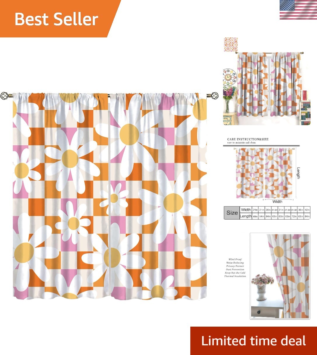 Colorful 70’s Floral Curtains – Durable Polyester with Easy Care & Installation