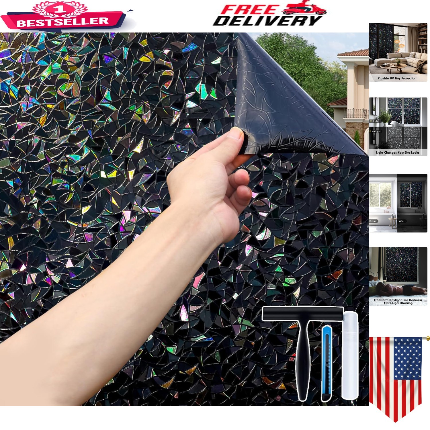 Elegant Black Window Film with Rainbow Effect – 100% UV Protection, 17.5×78.7