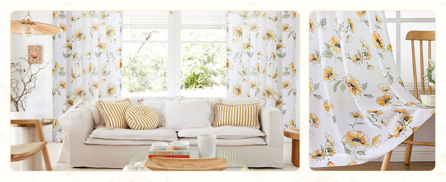 Floral Sheer Window Curtains 72 inches long 2 Panels Set-Chinoiserie Wild Fower